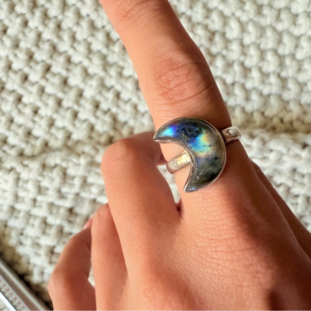 Sterling silver Labradorite Crescent Moon Ring size 5.75